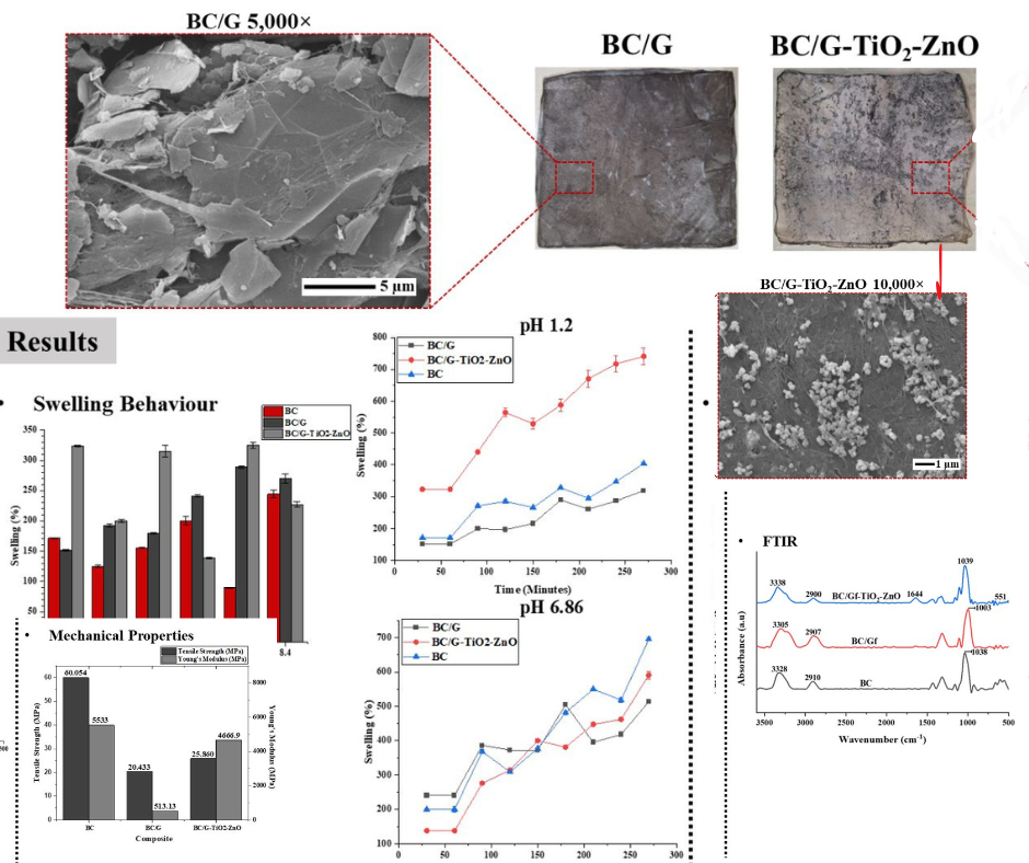 synthesize and characterize a bacterial cellulose (BC)-based composite with graphite and TiO2-ZnO as reinforcement materials using ex-situ synthesis with CTAB as a surfactant.